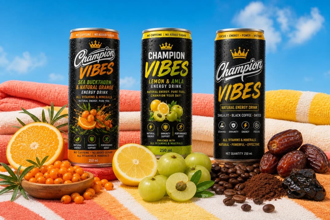The three Champion Vibes flavours with their natural ingredients