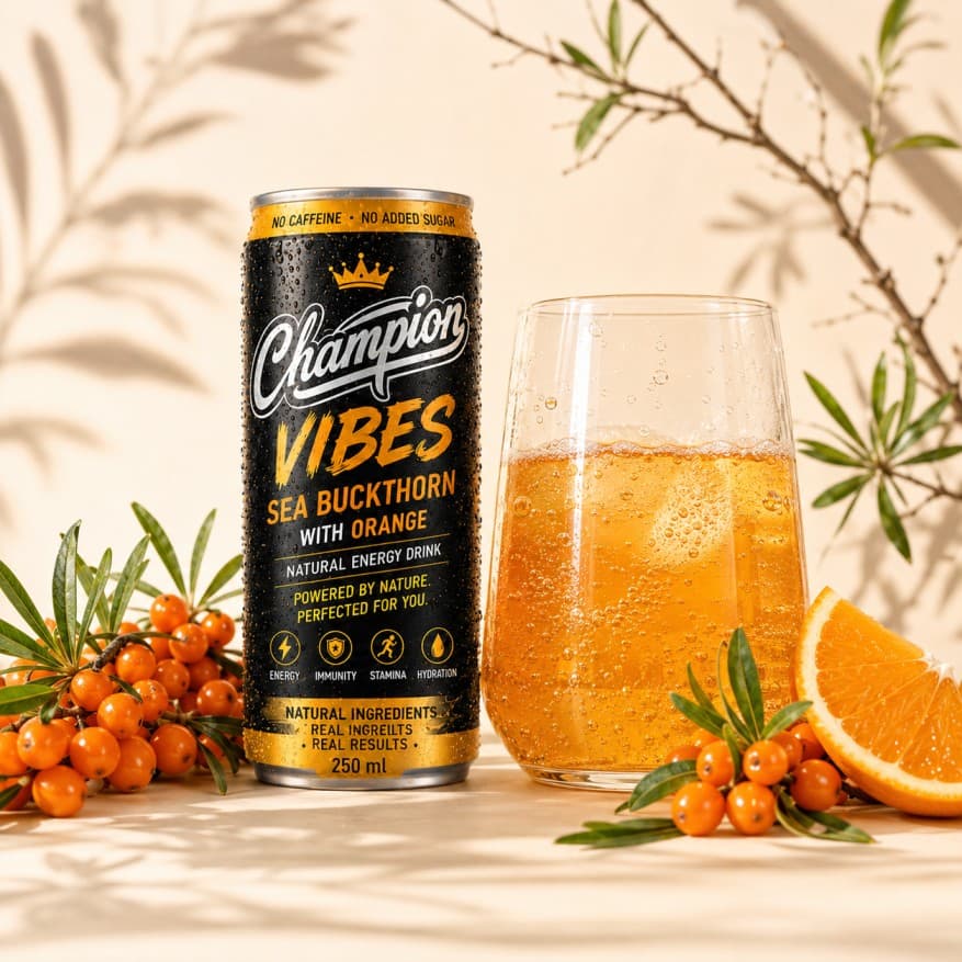 Champion Vibes energy drink with a glass of orange beverage